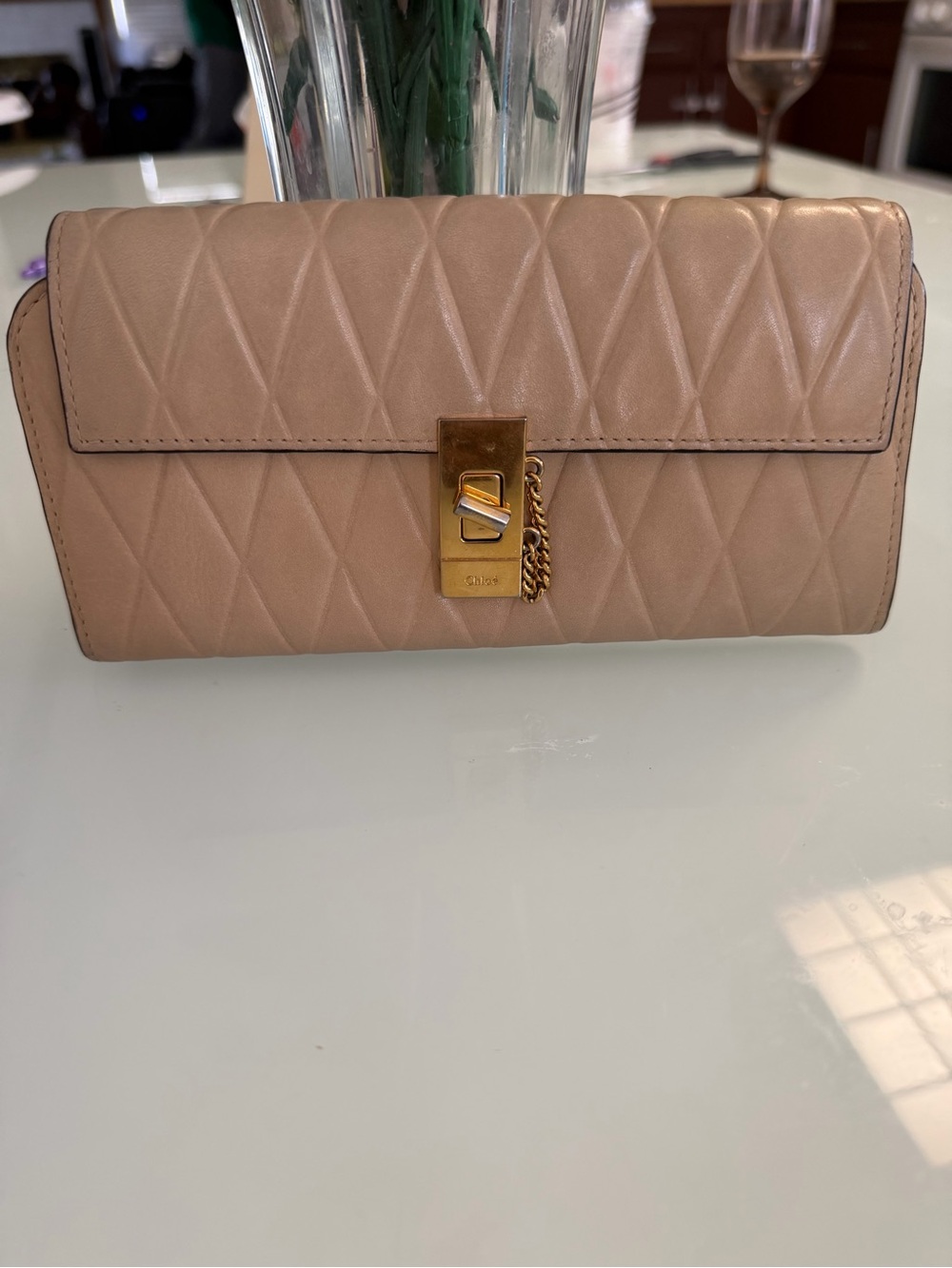 Chloe Quilted Leather Convertible Wallet Clutch in Nude Pink with Gold Hardware
